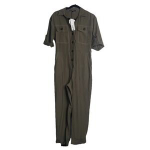 NWT Zara Women's Button Front Jumpsuit Military Green Casual Chic Pockets Sz XS‎